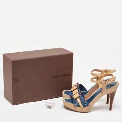 Pre Owned Louis Vuitton Beige/Blue Monogram Denim AND Leather Bow Ankle Strap Sandals Size 39.5