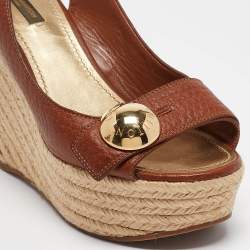 Louis Vuitton Brown Leather Espadrille Wedge Slingback Sandals Size 38