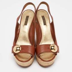 Louis Vuitton Brown Leather Espadrille Wedge Slingback Sandals Size 38