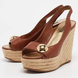 Louis Vuitton Brown Leather Espadrille Wedge Slingback Sandals Size 38