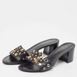 Louis Vuitton Black Leather Embellished Slide Sandals Size 37