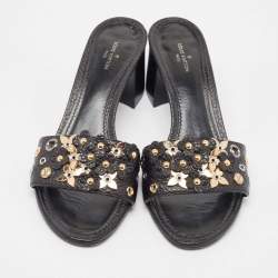 Louis Vuitton Black Leather Embellished Slide Sandals Size 37