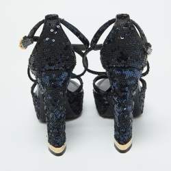 Louis Vuitton Black/Blue Sequins Platform Ankle Strap Sandals Size 36.5