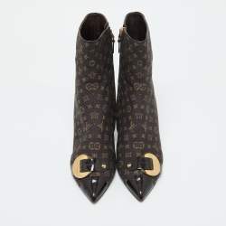 Louis Vuitton Brown Monogram Mini Lin Canvas and Patent Leather Ankle Length Boots 39.5