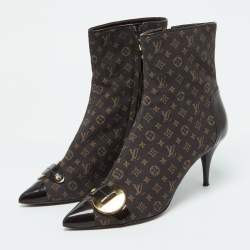 Louis Vuitton Brown Monogram Mini Lin Canvas and Patent Leather Ankle Length Boots 39.5