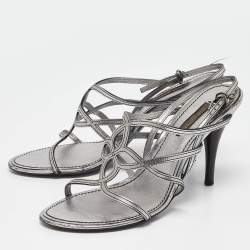 Louis Vuitton Silver Leather Ankle Strap Sandals Size 36.5