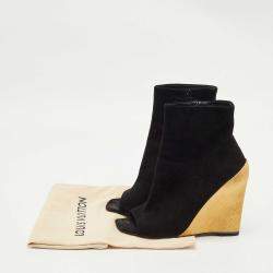 Pre Owned Louis Vuitton Black Suede Wedge Ankle Length Boots Size 38