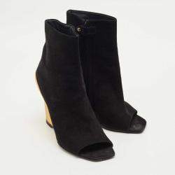 Pre Owned Louis Vuitton Black Suede Wedge Ankle Length Boots Size 38