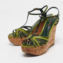 Louis Vuitton Green Patent Leather Summertime Cork Wedge Sandals Size 38