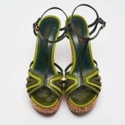 Louis Vuitton Green Patent Leather Summertime Cork Wedge Sandals Size 38