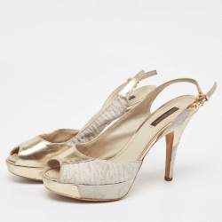 Louis Vuitton Grey/Gold Leather and Satin Peep Toe Pumps Size 37