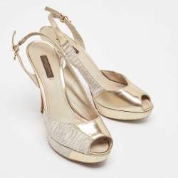 Louis Vuitton Grey/Gold Leather and Satin Peep Toe Pumps Size 37