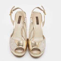 Louis Vuitton Grey/Gold Leather and Satin Peep Toe Pumps Size 37