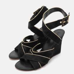 Louis Vuitton Black/Gold Suede and Leather Wedge Sandals Size 39