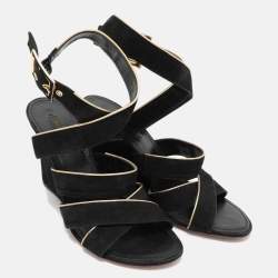 Louis Vuitton Black/Gold Suede and Leather Wedge Sandals Size 39