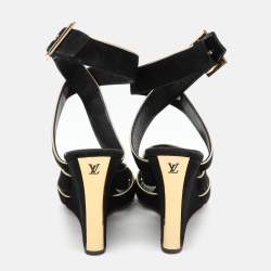 Louis Vuitton Black/Gold Suede and Leather Wedge Sandals Size 39