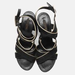 Louis Vuitton Black/Gold Suede and Leather Wedge Sandals Size 39