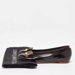 Pre Owned Louis Vuitton Amarante Vernis and Damier Ebene Canvas Logo Ballet Flats Size 35