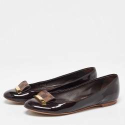 Pre Owned Louis Vuitton Amarante Vernis and Damier Ebene Canvas Logo Ballet Flats Size 35