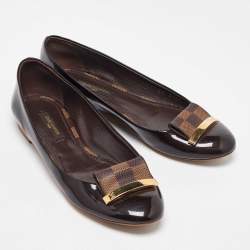 Pre Owned Louis Vuitton Amarante Vernis and Damier Ebene Canvas Logo Ballet Flats Size 35