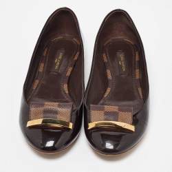 Pre Owned Louis Vuitton Amarante Vernis and Damier Ebene Canvas Logo Ballet Flats Size 35