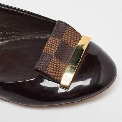Pre Owned Louis Vuitton Amarante Vernis and Damier Ebene Canvas Logo Ballet Flats Size 35