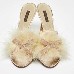 Louis Vuitton Cream Satin and Ostrich Feather Bow Slide Sandals Size 38