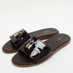Louis Vuitton Burgundy Patent Leather Lock It Flat Slides Size 39