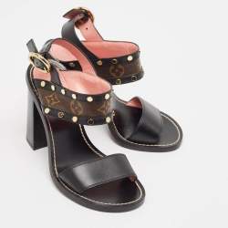 Louis Vuitton Black/Brown Monogram Canvas and Leather Ankle Strap Sandals Size 37.5