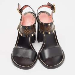 Louis Vuitton Black/Brown Monogram Canvas and Leather Ankle Strap Sandals Size 37.5