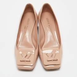 Pre Owned Louis Vuitton Beige Patent Leather Block Heel Pumps Size 37