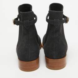 Pre Owned Louis Vuitton Black Nubuck Leather Logo Strap Ankle Length Boots Size 39