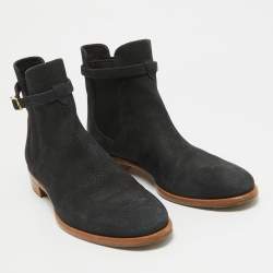Pre Owned Louis Vuitton Black Nubuck Leather Logo Strap Ankle Length Boots Size 39