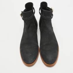 Pre Owned Louis Vuitton Black Nubuck Leather Logo Strap Ankle Length Boots Size 39