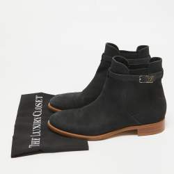 Pre Owned Louis Vuitton Black Nubuck Leather Logo Strap Ankle Length Boots Size 39