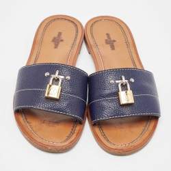 Louis Vuitton Navy Blue Leather Lock It Flat Sandals Size 36