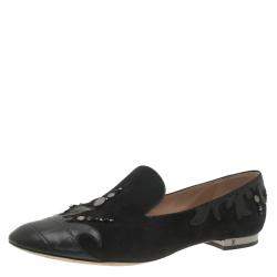 مملوكة مسبقًا Louis Vuitton Black Beaded Suede and Crocodile Cap Toe Smoking Slippers Size 38