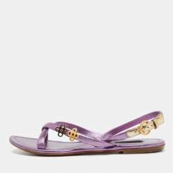 Pre Owned Louis Vuitton Metallic Purple Leather Flat Sandals Size 37.5