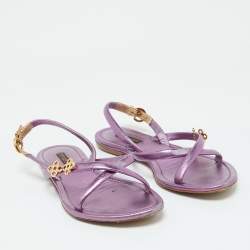 Pre Owned Louis Vuitton Metallic Purple Leather Flat Sandals Size 37.5