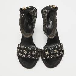 Louis Vuitton Black Suede Crystal Embellished Ankle Strap Sandals Size 38.5