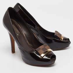 Pre Owned Louis Vuitton Dark Brown Patent Leather Peep Toe Pumps Size 36.5