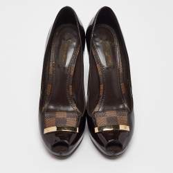 Pre Owned Louis Vuitton Dark Brown Patent Leather Peep Toe Pumps Size 36.5
