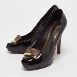 Pre Owned Louis Vuitton Dark Brown Patent Leather Peep Toe Pumps Size 36.5