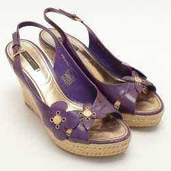 Louis Vuitton Pink Patent Floral Applique Wedge Espadrille Slingback Sandals Size 39.5