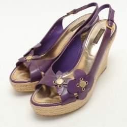 Louis Vuitton Pink Patent Floral Applique Wedge Espadrille Slingback Sandals Size 39.5
