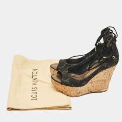 Louis Vuitton Black Monogram Denim Wedge Platform Ankle Wrap Pumps Size 36.5