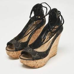 Louis Vuitton Black Monogram Denim Wedge Platform Ankle Wrap Pumps Size 36.5