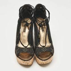 Louis Vuitton Black Monogram Denim Wedge Platform Ankle Wrap Pumps Size 36.5