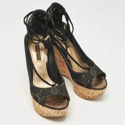 Louis Vuitton Black Monogram Denim Wedge Platform Ankle Wrap Pumps Size 36.5