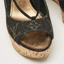 Louis Vuitton Black Monogram Denim Wedge Platform Ankle Wrap Pumps Size 36.5